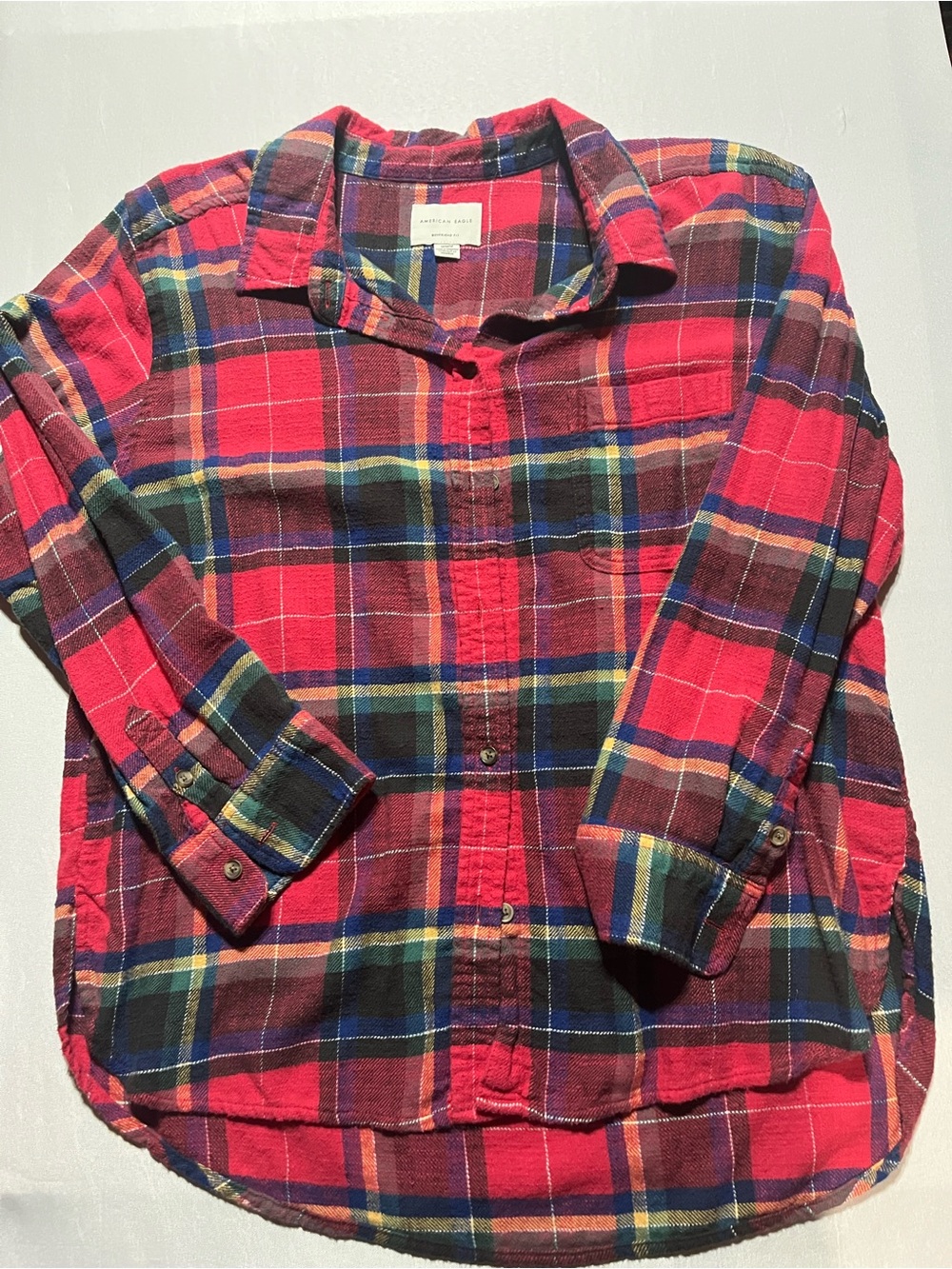 American Eagle Women’s Medium Boyfriend Fit Red Plaid Flannel Button-Up Shirt